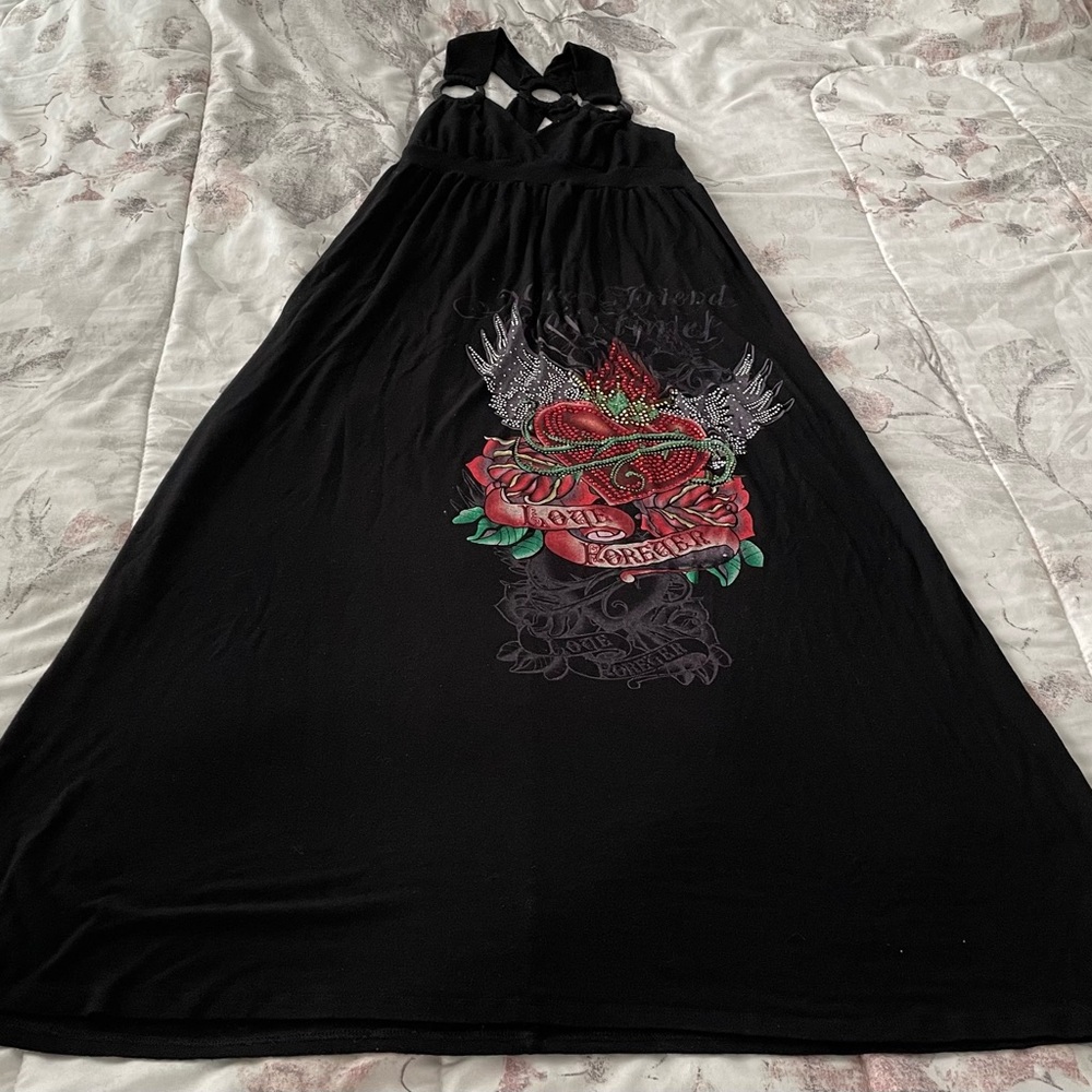 S-Twelve black Y2K tattoo print embellished “Love Forever” maxi dress, size S